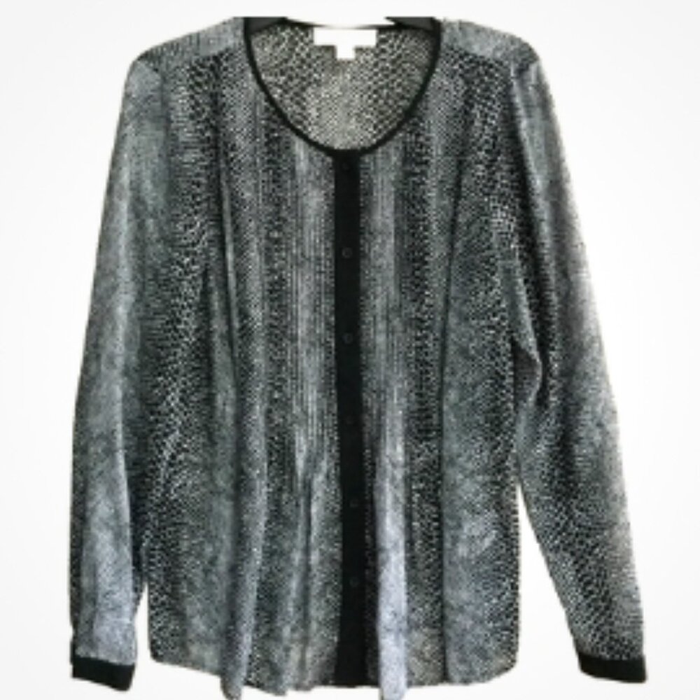 Michael Kors Women Size 10 Blouse Top Career Animal Print Black White Pintuck